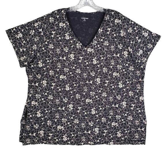 Lands End Shirt Women's Plus Size 2X Navy Blue Floral Short Sleeve Tee Cotton - Picture 2 of 9